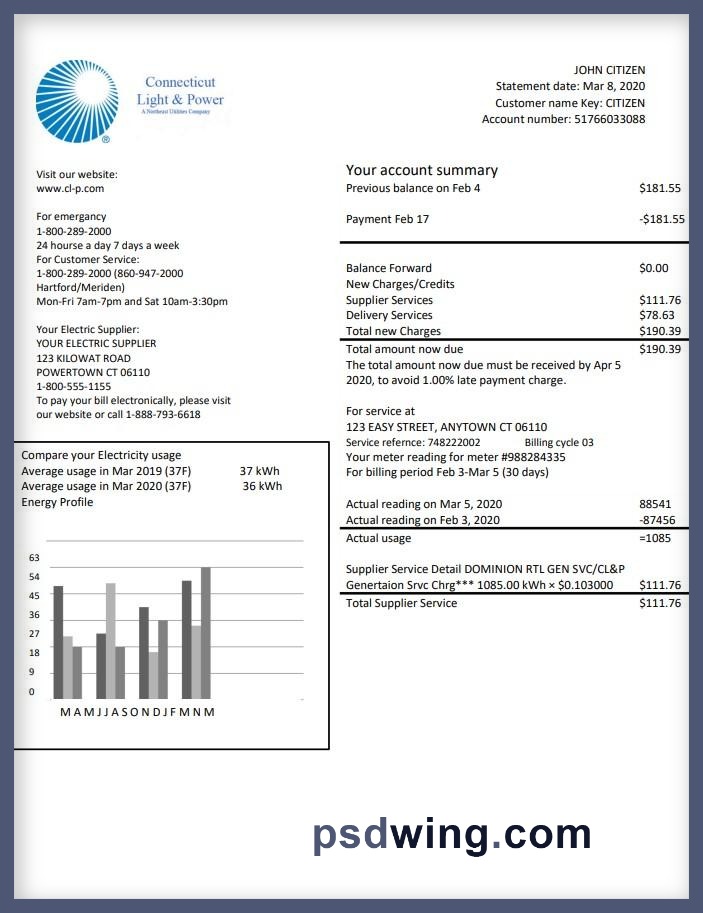 USA Connecticut Light and Power Electricity Utility Bill